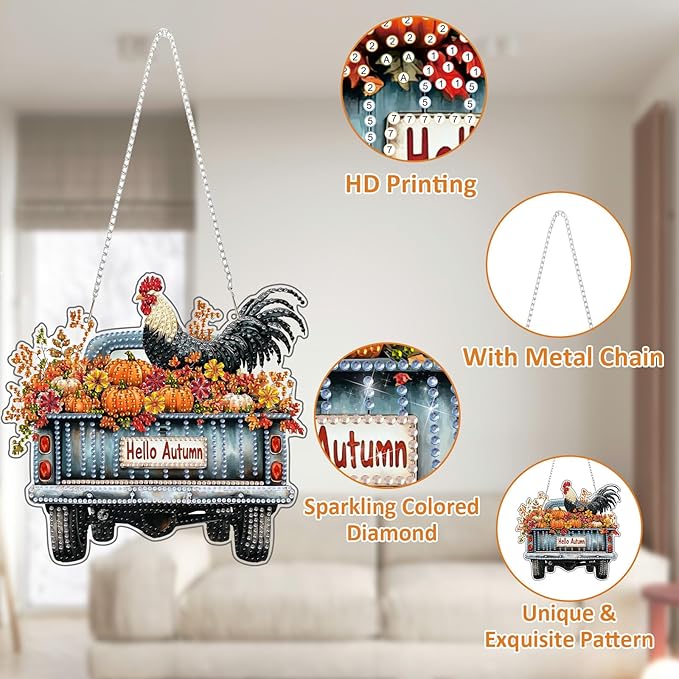 SENQAO Fall Chicken Diamond Art Hanging Kits for Adults Kids, Acrylic Diamonds Painting Pendant Board Kit Truck, Diamond Art Painting Window Pendants Home Garden Wall Hanging Kits Hanging Ornament