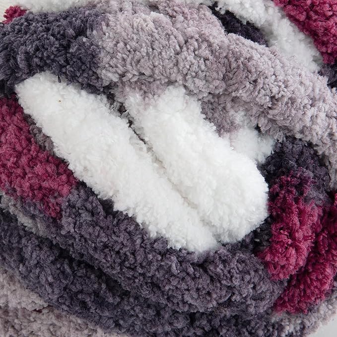 HOMBYS Chunky Tie Dye Mix Chenille Yarn for Hand Knitting, Super Bulky Jumbo Yarn for Crocheting, 3/4" Thick Soft Plush Yarn for Blankets, 8 Skein Pack (26 yds / 7.5 oz Each) Wine Red Grey White