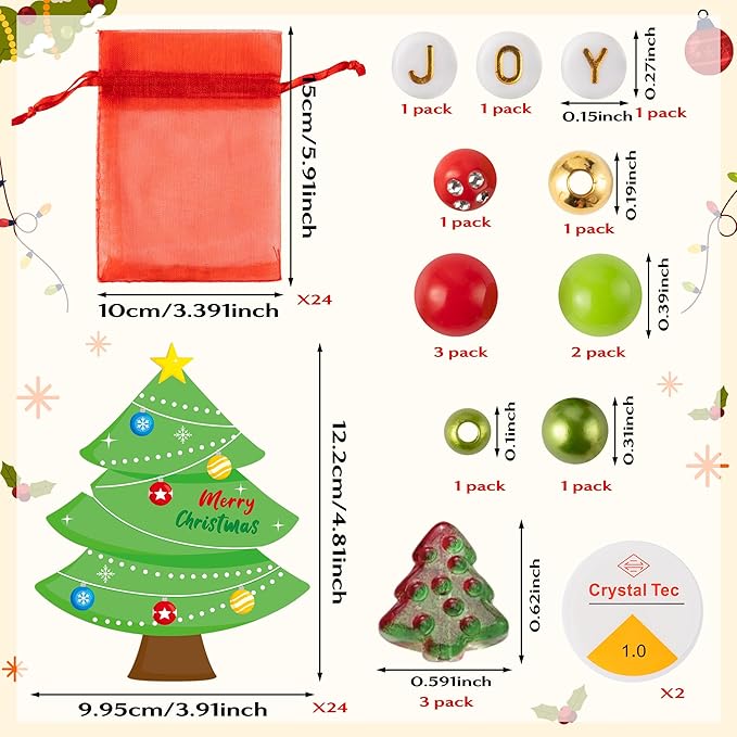 BeYumi Christmas Bracelet Craft Kit - 24 Pack Xmas DIY Joy Letter Beads Friendship Bracelets with Christmas Tree Gift Cards Xmas Craft Kits Party School Classroom Fun Activities