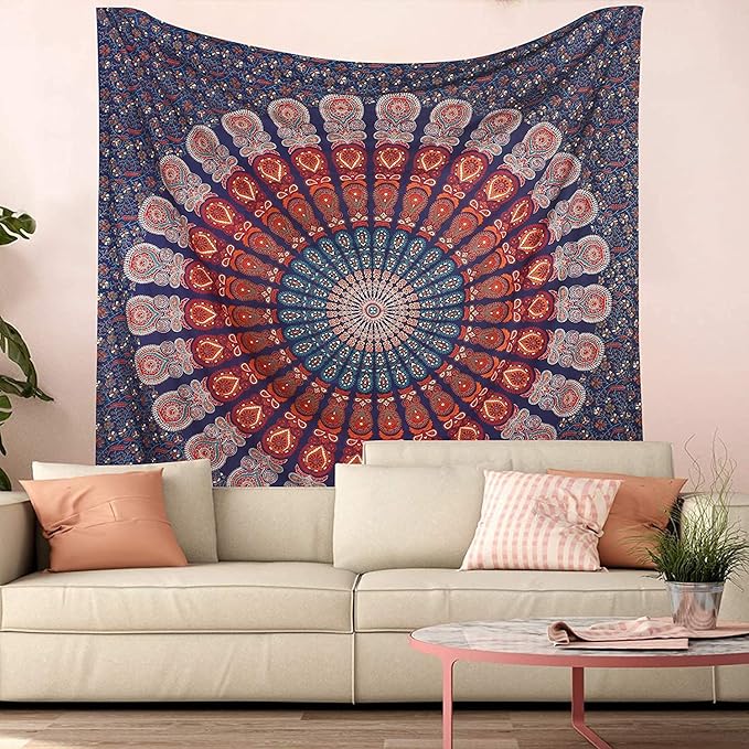 bless international handmade indian hippie bohemian psychedelic peacock mandala wall hanging college dorm beach throws table cloth bedding tapestry (golden blue white, poster(30x40inches)(76x101cms))