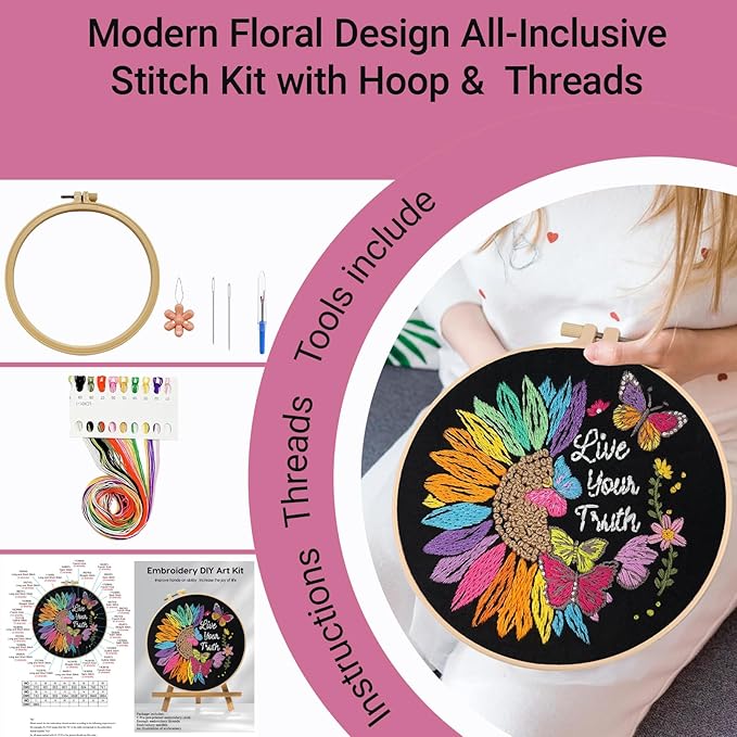 HKLIOPU Embroidery Set for Beginners Art Crafts Easy Sewing Includes Embroidery Clothes with Pattern, Hoop, Instruction Manual, Color Stitch Set,All Inclusive Starter Set,Unique DIY Gift
