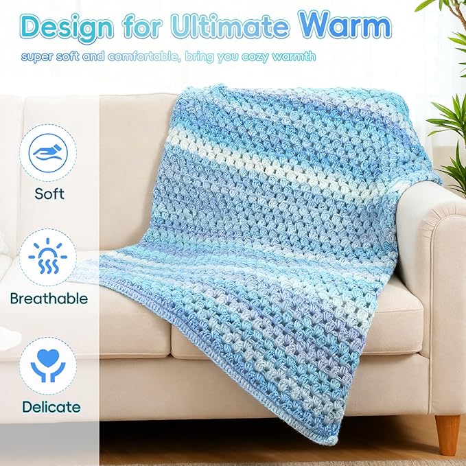 Aeelike Blanket Crochet Kit for Beginners, Super Easy Crochet Blanket Kit with Soft & Colorful Gradient Yarns Detailed Video Tutorials Crocheting Accessories, Aurora Blue Gradient & Ideal Gift