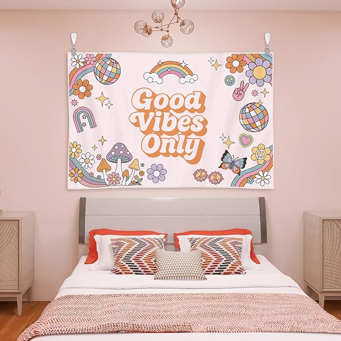 HunnmingRe 60" x 40" Pink Tapestry Coquette Pink Aesthetic Bedroom Hanging Wall Art Preppy Tapestry Decor Kit Cute Room Decoration for Women Girls Room Dorm Apartment (Good Vibes Only)