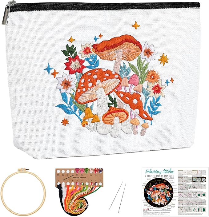 Louise Maelys Embroidery Kit for Beginners,Canvas Makeup Bag,Cross Stitch Kits for Adults,Arts Crafts Needlepoint-Mushroom Flower Pattern