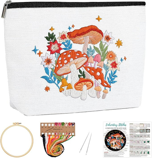 Louise Maelys Embroidery Kit for Beginners,Canvas Makeup Bag,Cross Stitch Kits for Adults,Arts Crafts Needlepoint-Mushroom Flower Pattern