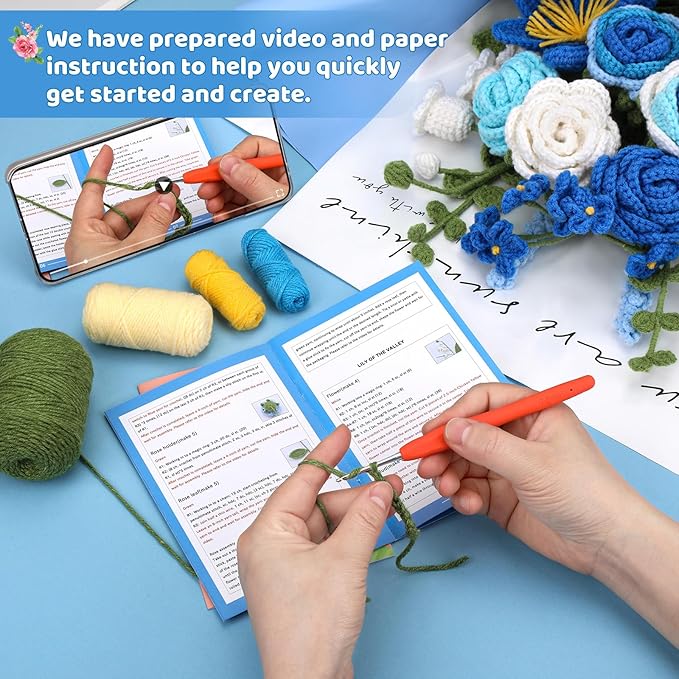 Iuuidu Crochet Kit, Flower Bouquet Crochet Kit for Beginners, Crochet Bouquet Kit Rose with Step-by-Step Video Tutorials for Lover Anniversary Birthday Wedding Home Decor (Blue)