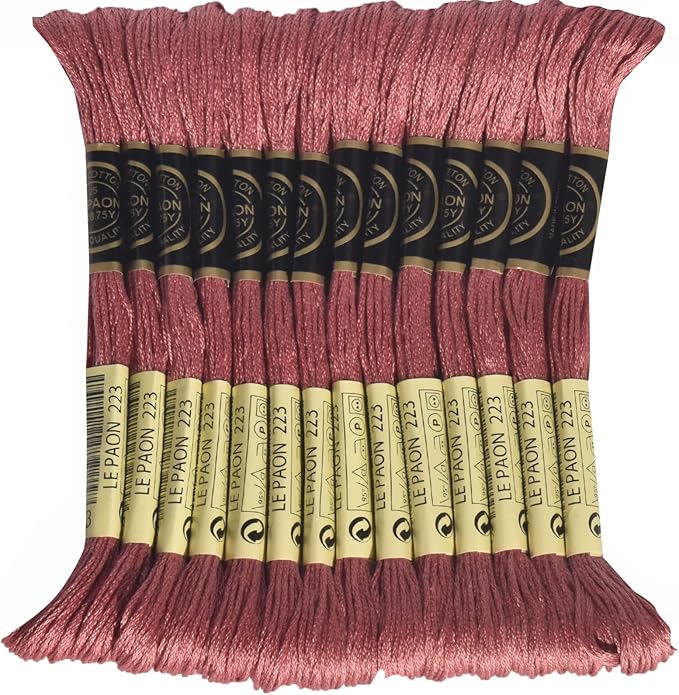 LE PAON Embroidery Floss, 14-Pack Six Strands 100% Long Staple Cotton Embroidery Thread, 8.7-Yard，Color Number：223, Medium Shell Pink