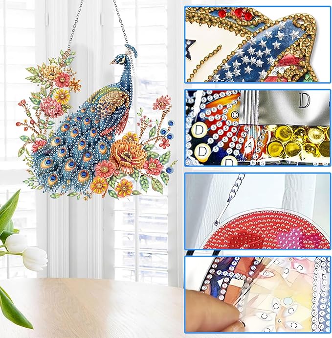 Reofrey Hanging Diamond Art Kits for Adults– 8x8Inch Peacocks Hanging Ornament Acrylic Board Double Sided Pattern Crystal Diamond Art Suncatcher Pendant, for Home Wall Window Decoration Handmade Gift