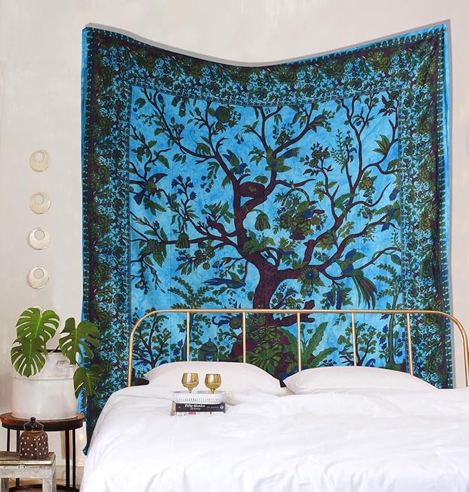 the art box tapestry turquoise tree of life wall hanging – indian cotton medium bedspread, picnic sheet, wall decor, blanket, wall art for bedroom (60x54 inch)