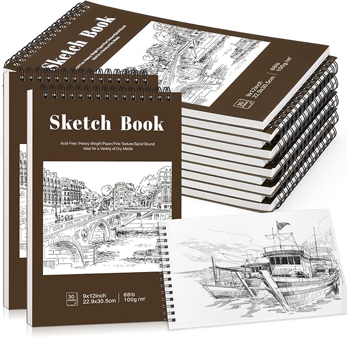 12 pack sketch book, 9 x 12 inch sketchbook, 68lb/100gsm top spiral bound sketch pad, acid free art supplies drawing painting sketching paper for kids, adults, beginners, artists (tan)