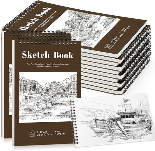 12 pack sketch book, 9 x 12 inch sketchbook, 68lb/100gsm top spiral bound sketch pad, acid free art supplies drawing painting sketching paper for kids, adults, beginners, artists (tan)