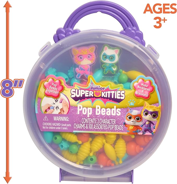 Disney Junior SuperKitties Pop Beads Jewelry Kit – 100 Pop Beads & 2 Character Charms, Easy Snap-On Necklace & Bracelet Craft Set for Kids Ages 3+