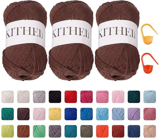 Cotton Chainette Yarn,4 Medium (Worsted)-10oz,3 Pack,Knitting Yarn for Beginners,Thicker for Crocheting and Knitting (44 Coffee Beans)