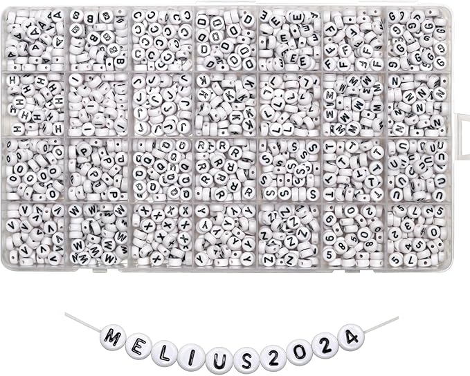 Melius 1450Pcs Acrylic Letter and Number Beads, 4x7mm Alphabetical Flat Round Alphabet Beads in 28 Grid Box for Bracelets, DIY Crafts