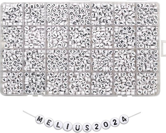 Melius 1450Pcs Acrylic Letter and Number Beads, 4x7mm Alphabetical Flat Round Alphabet Beads in 28 Grid Box for Bracelets, DIY Crafts
