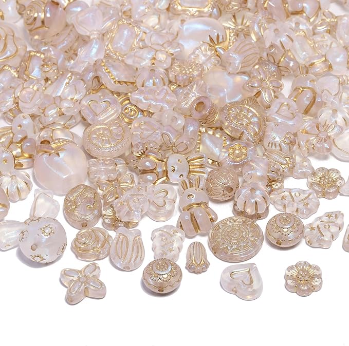7.5 OZ Assorted Vintage Acrylic Beads for Jewelry Making, Song Xi Unique Flower Rose Czech Beads for Bracelet Earrings, Bohemia Style, Bulk, DIY Holiday Gift (240-260 PCS, AB Transparent)