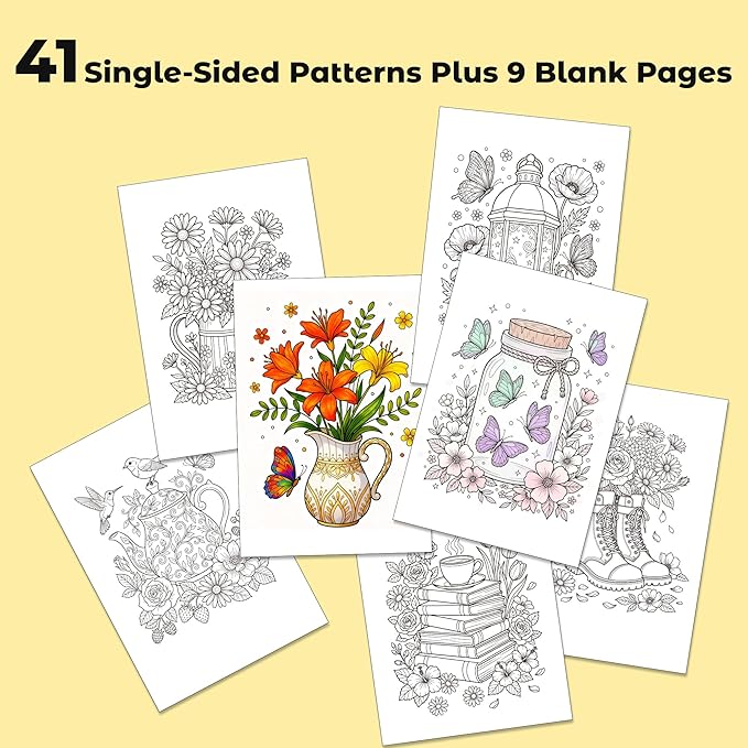 Flower Coloring Book for Adults 41 Unique Single Sided Patterns and 9 Blank Pages with 12 Colored Pencils Set 130GSM Thick Paper Stress Relief & Mindfulness Gift for Women Men, 8.5 X 11in