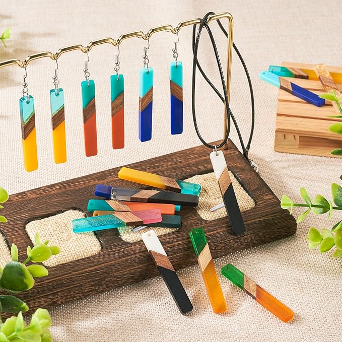 Beadthoven 20pcs/10 Pairs Rectangle Bar Wood Charms Western Charms for Earrings Assorted Colorful Natural Wood Earrings Pendants for Jewelry Making Necklace Findings Women