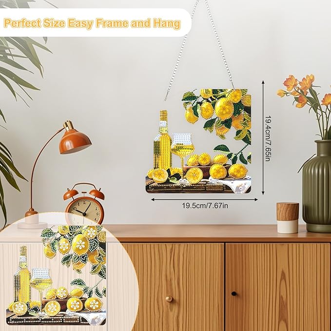 TOSTOG Lemon Drink Diamond Art Pendant Kit for Adult, Yellow Diamond Painting Hanging Kit for Beginners, 5D DIY Crafts Gem Art, Waterproof Full Accessories for Home Decor Idea 20 * 20 cm/8 * 8 in