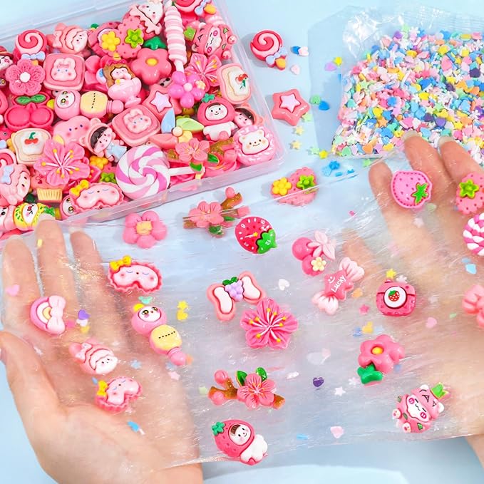 60PCS Rose Pink Slime Charms Cute Flatback Resin Charms for Slime, Random Kawaii Decoden Charm for Embellishments Phone Junk Case Charms Bulk, Hairpins Scrapbooking Crafting & DIY Decor
