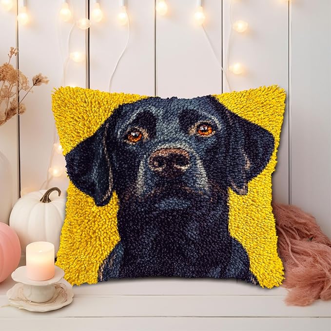 DIY Latch Hook Pillow Kits for Adults Cartoon Black Labrador Dog Printed Pillowcase Crochet Yarns Hooking Handmade Pillow Cover Cushion for Home Sofa Decoration 17x17inch-14