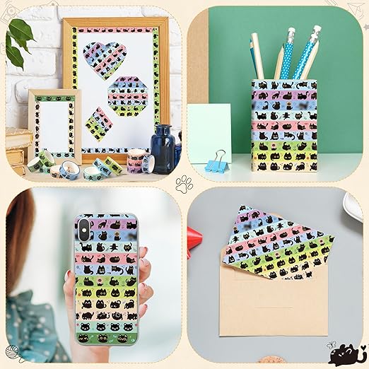 Black Cat Washi Tape - 12Pcs Cute Trendy Black Cat Design Cute Eco-Friendly Masking Tape Decorative DIY Crafts Artist Tape Set School Office Journal Kids Art Supplies Gift Wrapping