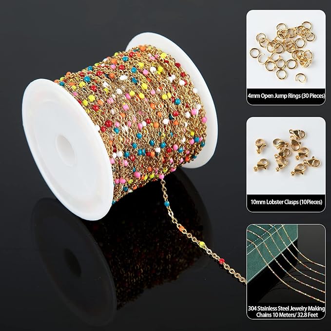 UMAOKANG 33 Feet/10 Meters Colorful Beaded Stainless Steel Jewelry Chains Gold Plated Cable Link Chain for Jewelry Making with 10 Lobster Clasps and 30 Jump Rings