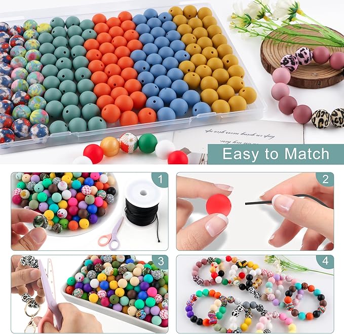150Pcs Mixed Color 15mm Silicone Beads for Keychain Making, Powder Orange Flower Print Silicone Beads for Pens and Bracelet Jewelry Making