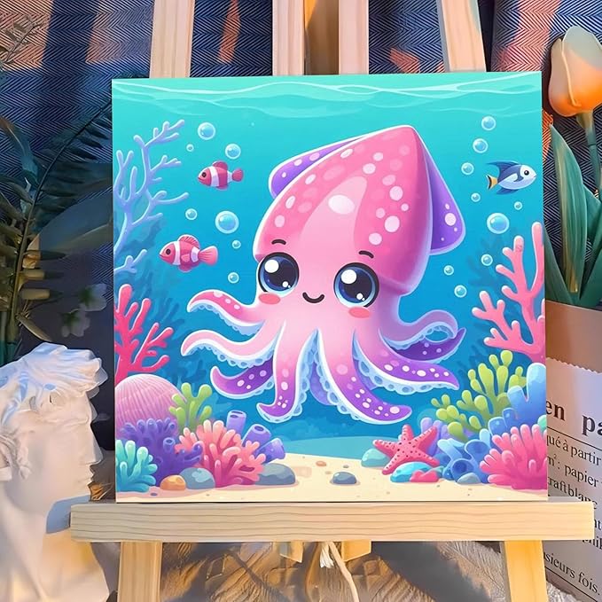 Reivworl Paint by Numbers Kit for Kids with Frame and Easel, Octopus Paint by Number for Kids Age 6-8-12, Paint by Numbers Kits for Gifts and Home Decor - 8X8Inch