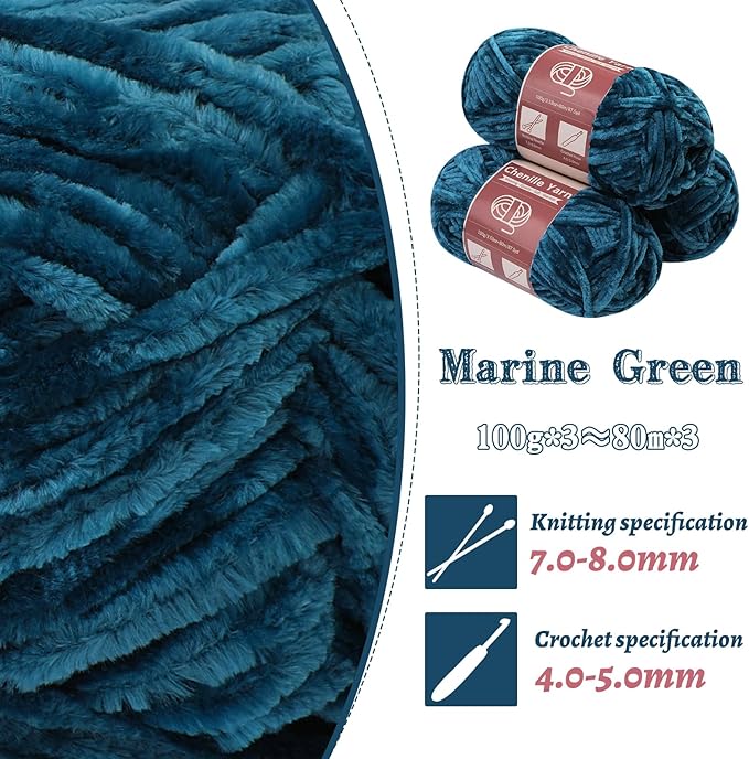 LUNARM Chenille Yarn for Crocheting Knitting, 3 Skein 263 Yard Thick Soft Chunky Fluffy Weaving Plush Yarn for Blankets Clothes Pattern Creations with Big Eye Needles (Marine Green)