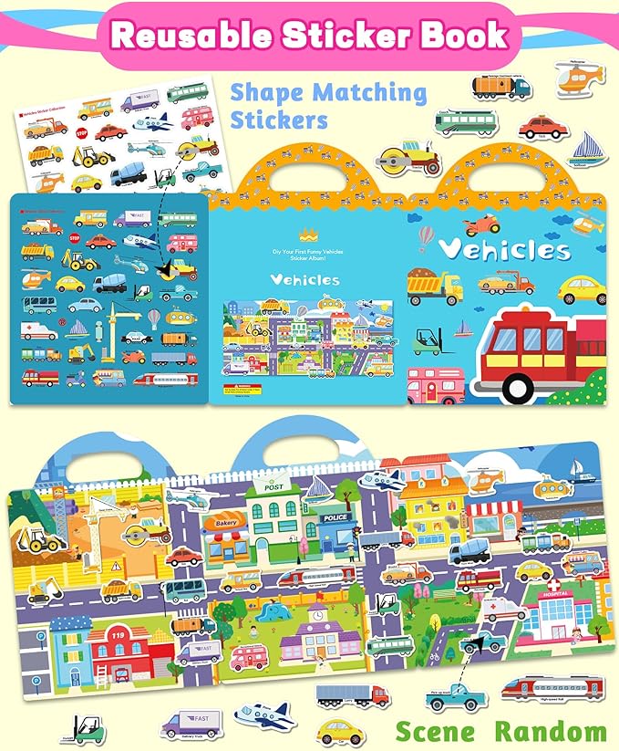 walenced reusable sticker book for toddlers, stickers for kids, toddler craft activities, toddler travel toys ages 3 and up boy girl birthday gifts