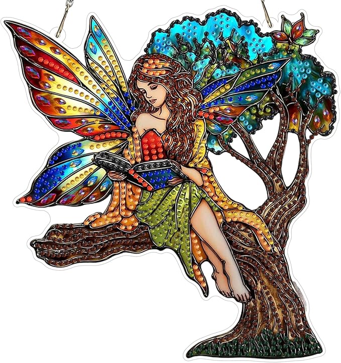 EOBROMD Diamond Hanging Art Kits for Adults, Fairy on Tree Diamond Art Painting Suncatcher, DIY Special Shaped Rhinestone Kits for Adults, Window Pendants Home Garden Wall Hanging Ornament