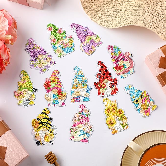 Frienda 12 Pcs Diamond Art Magnets Pastel Refrigerator Diamond Painting Magnets Gnome Spring Summer Easy Kits Interchangeable for Adults Beginners DIY Home Decors Gifts Craft