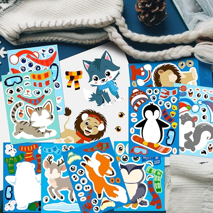 60sheets winter animal stickers crafts bulk, christmas make- a- penguin/fox/owl/reindeer face sticker holiday gifts goodie bag stuffer activity games party favors(small size)