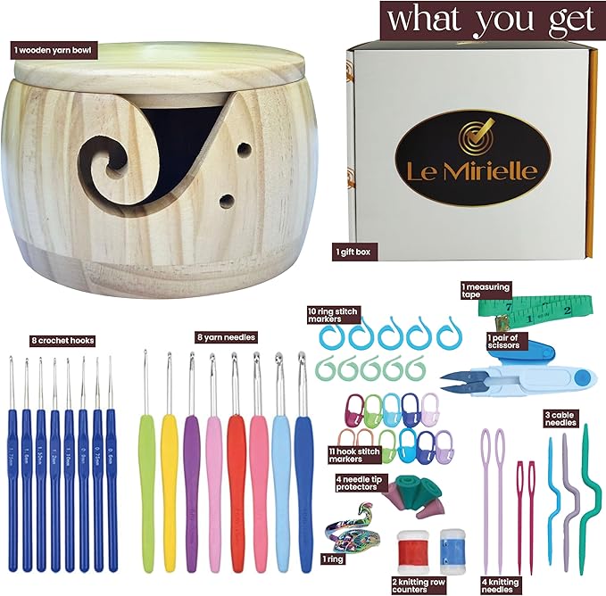 LE MIRIELLE - Wooden Yarn Bowl for Crochet – Crochet Holder + Complete Tools Kit, Gifts for, Large Bowl Organizer for Yarn, Hooks & Accessories