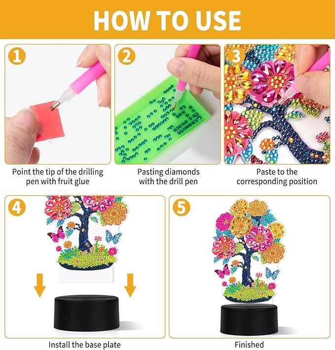 ALKALO Diamond Painting Night Light, Diamond Painting Kits for Adults Desktop Ornaments for Table Tabletop Decor Diamond Art Accessories for Adult Beginner Touch Lamp for Bedrooms Living Room- Tree
