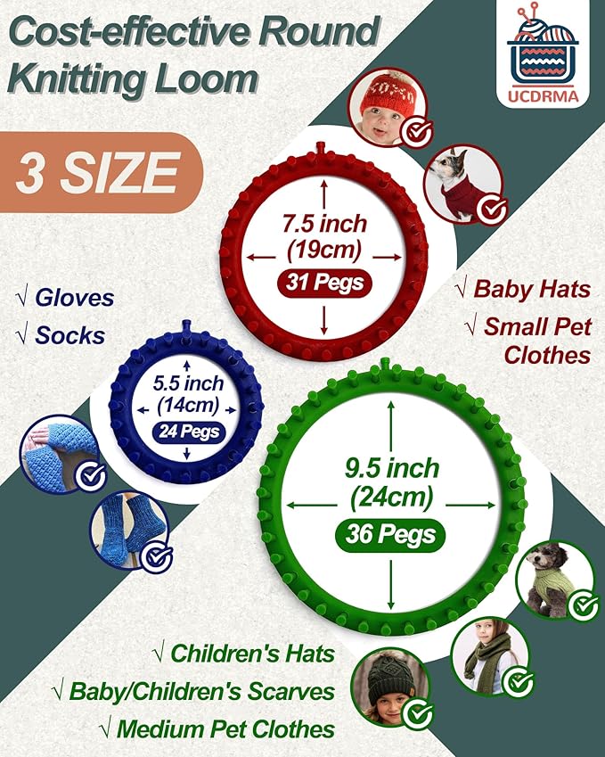 UCDRMA Knitting Looms for Beginners, Crochet Loom Knitting Kit with Step-by-Step Instructions, Cost-Effective 3 Size Round Knitting Loom, Easy & Quick Hat Knitting Loom Set/Scarf Loom Knitting Set