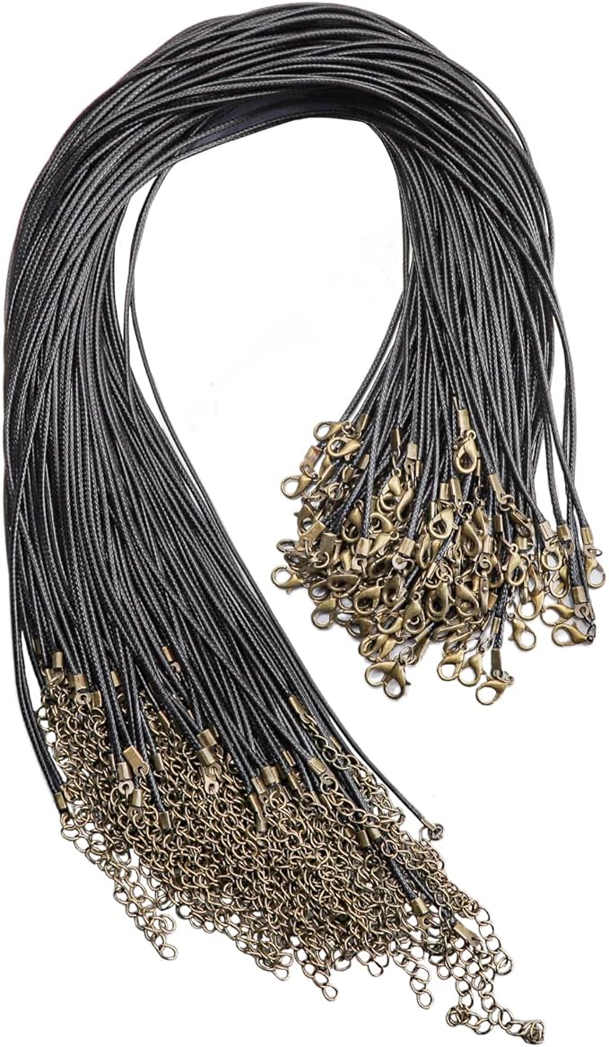 100 Pcs 18" 1.5mm Black Waxed Cord Necklace String Bracelet Faux Leather Chain Clasp Bulk for Jewelry Making Supplies Accessories