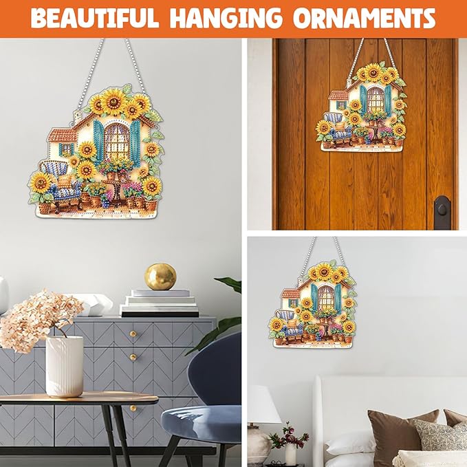 NAIMOER Diamond Art Hanging Kits for Adults, Sunflower House Diamond Art Suncatchers, 5D Special Shape Fall Diamond Painting Pendant Window Ornament Gifts for Home Garden Door Wall Decor