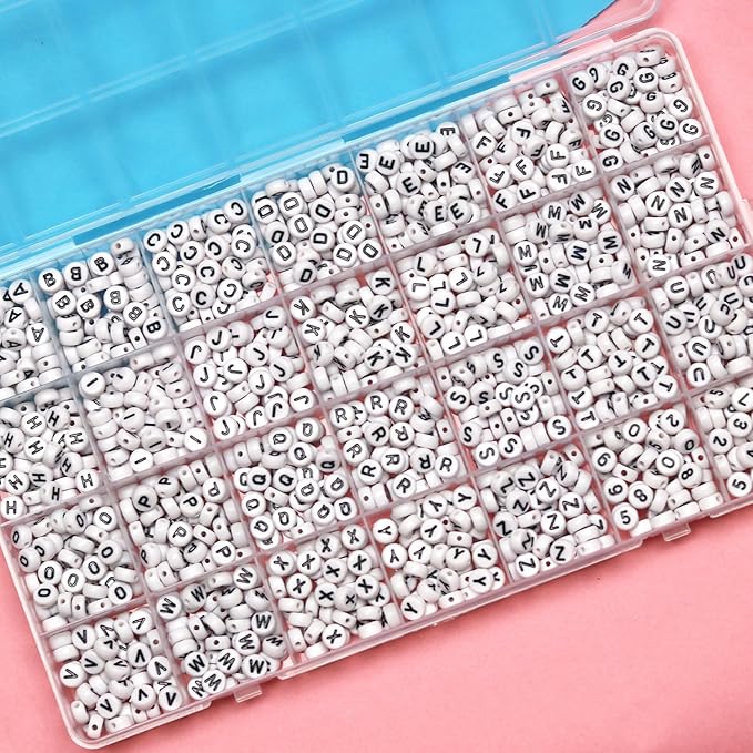 Melius 1450Pcs Acrylic Letter and Number Beads, 4x7mm Alphabetical Flat Round Alphabet Beads in 28 Grid Box for Bracelets, DIY Crafts