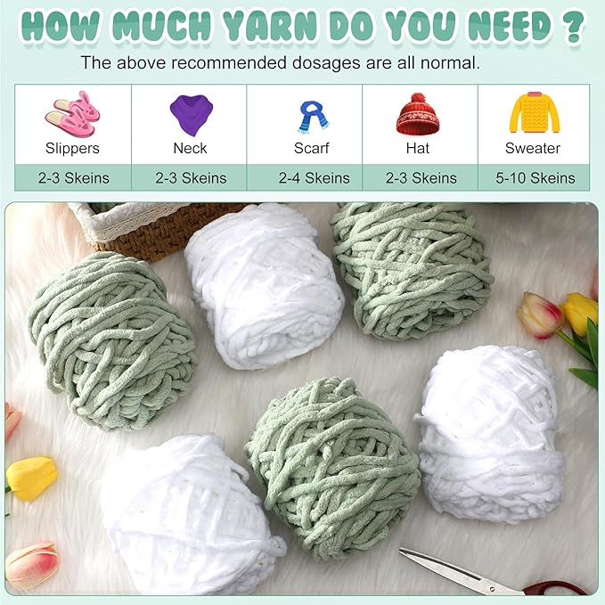Buryeah 8 Pack Chunky Chenille Yarn for Crocheting Soft Thick Fluffy Yarn for Hand Knitting Bulky Velvet Blanket Plush for Weaving DIY Crafts Each 3.5 oz 55 Yards (White,Green)