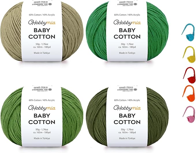 Baby Cotton Yarn Bundles for Crocheting - Each Ball is 50g / 180yds - (2) Fine, Sport Weight Yarn - Amigurumi Yarn, Crochet Thread - & 5 Stitch Makers (Forest)