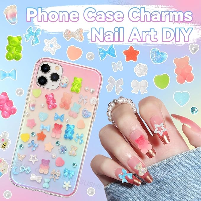 400 Pcs Candy Pearls Junk Phone Case Kit, Flower Bow Star Moon Pearls Case Phone Charms, Flatback Resin Rhinestones Cute Gummy Bear for Junk Cases Decor Accessories