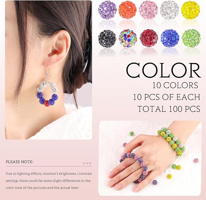 100 pcs 10mm Rhinestone Beads for Jewelry Making, 10 Mixed Colors Shiny Round Shamballa Disco Beads, Sparkle Crystal Clay Christmas for Bracelet Baseball Necklace Earring Crafting and DIY