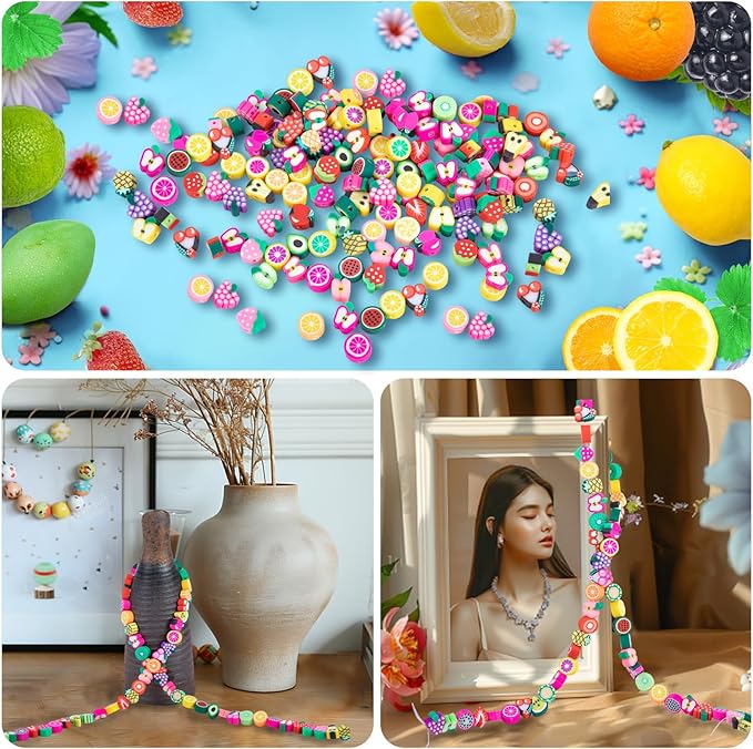 500 Pcs Fruit Polymer Clay Beads Charms for Crafts with Elastic String for Making Bracelet Necklace Craft Decoration DIY Crafts