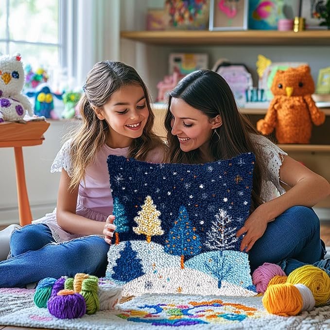 DIY Latch Hook Pillow Kits for Adults Merry Christmas Winter Snow Pine Tree Pillow Cover Printed Pillowcase Crochet Yarns Hooking Handmade Cushion for Home Sofa Decoration 17x17inch(5)