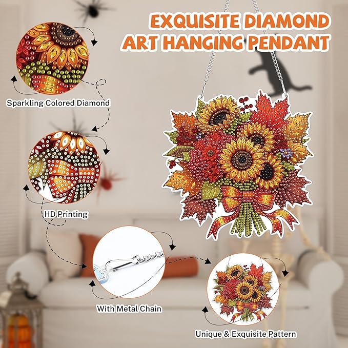 Bowetile Halloween Diamond Art Hanging Kits for Adults, Fall Flowers Diamond Art Suncatchers, 5D Special Shape Diamond Painting Pendant Window Ornament Gifts for Home Door Wall Decor