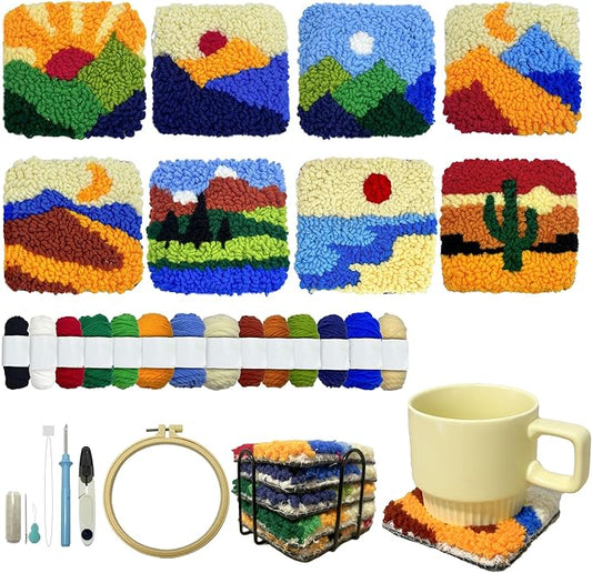 SEREDH Punch Needle Coasters Kit for Beginners Adults Easy Needle Punch Embroidery Tool Set DIY Making Kit Supplies, 8 Pattern Landscape Art Crafts Gifts
