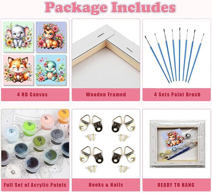 4 Pack Animal Paint by Number for Kids with Wooden Frame, Paint by Numbers for Kids Animals Ages 4-8-12, Easy Elephant Fox Sea Turtle Horse DIY Acrylic Oil Painting Kits for Home Wall Decor (8X8 inch)