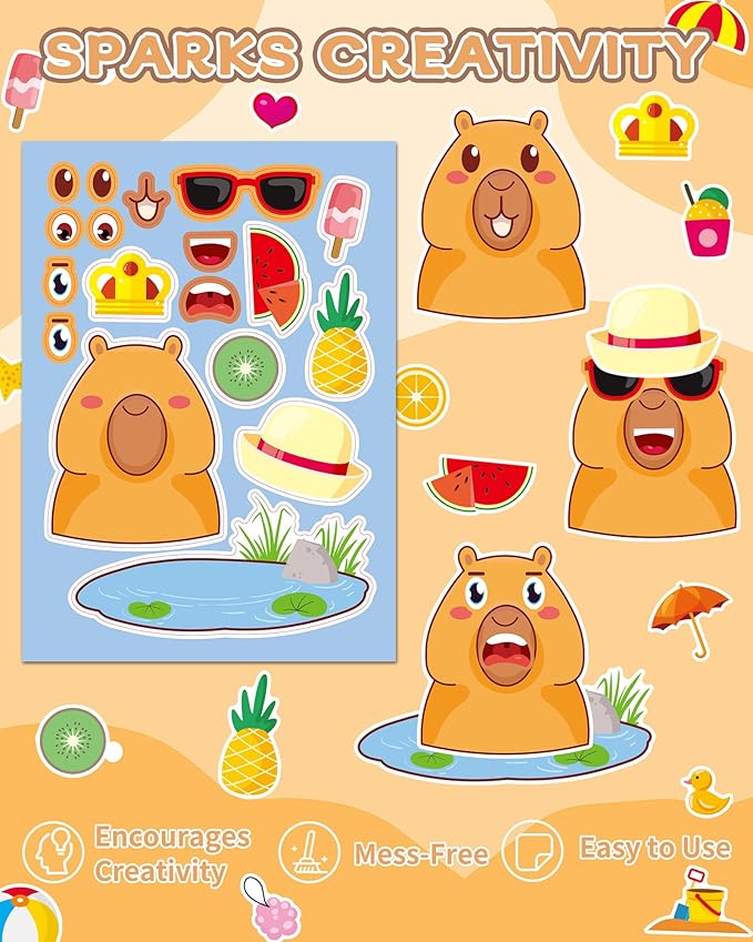 aowplc capybara make-a-face stickers, 32 sheets for kids’ crafts, fun capybara party favors & birthday decorations